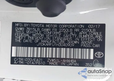 2017 Toyota Prius Three Touring z USA, uszkodzony, nr VIN JTDKARFU1H3040909